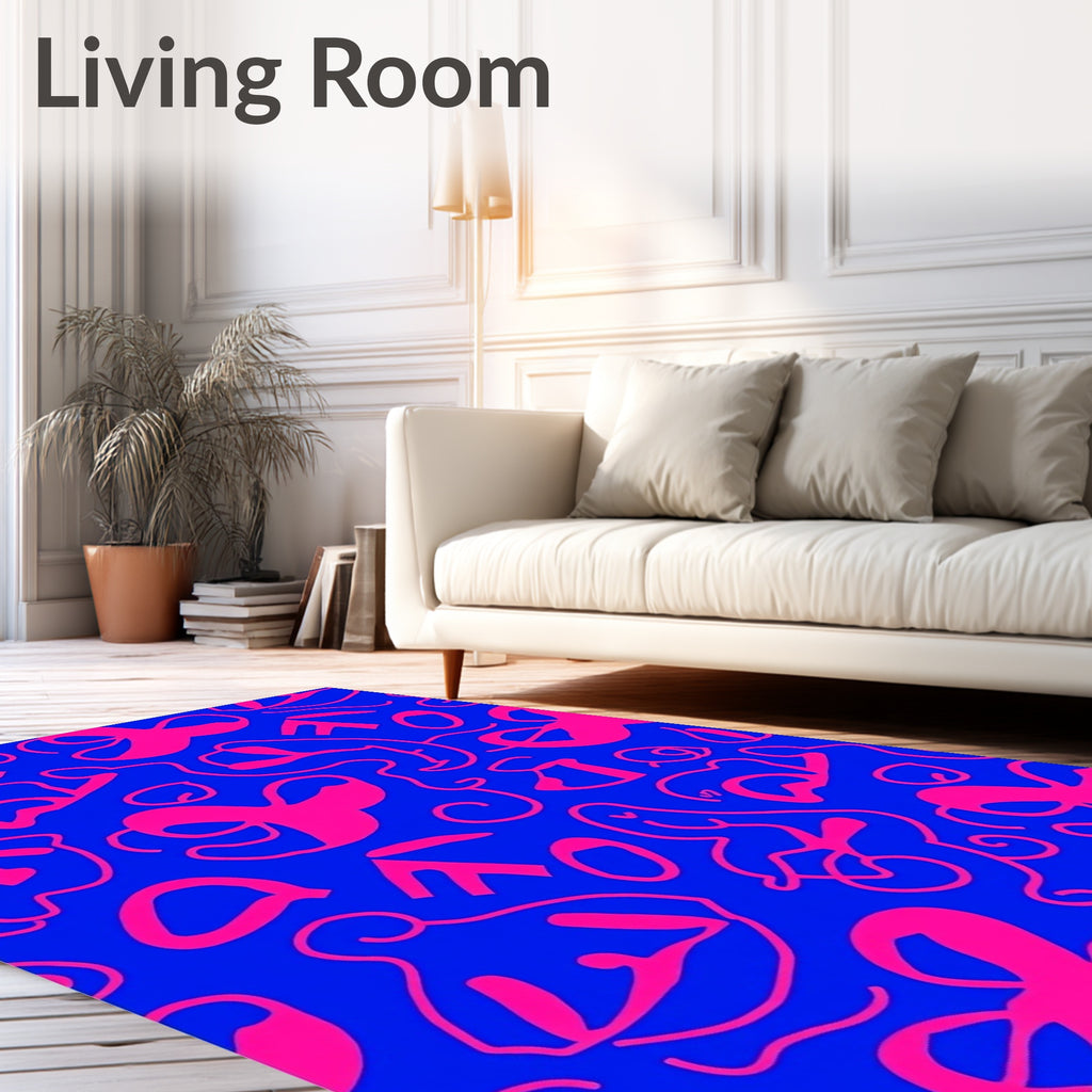 Vibrant Pink Figurine Abstract Blue Rug
