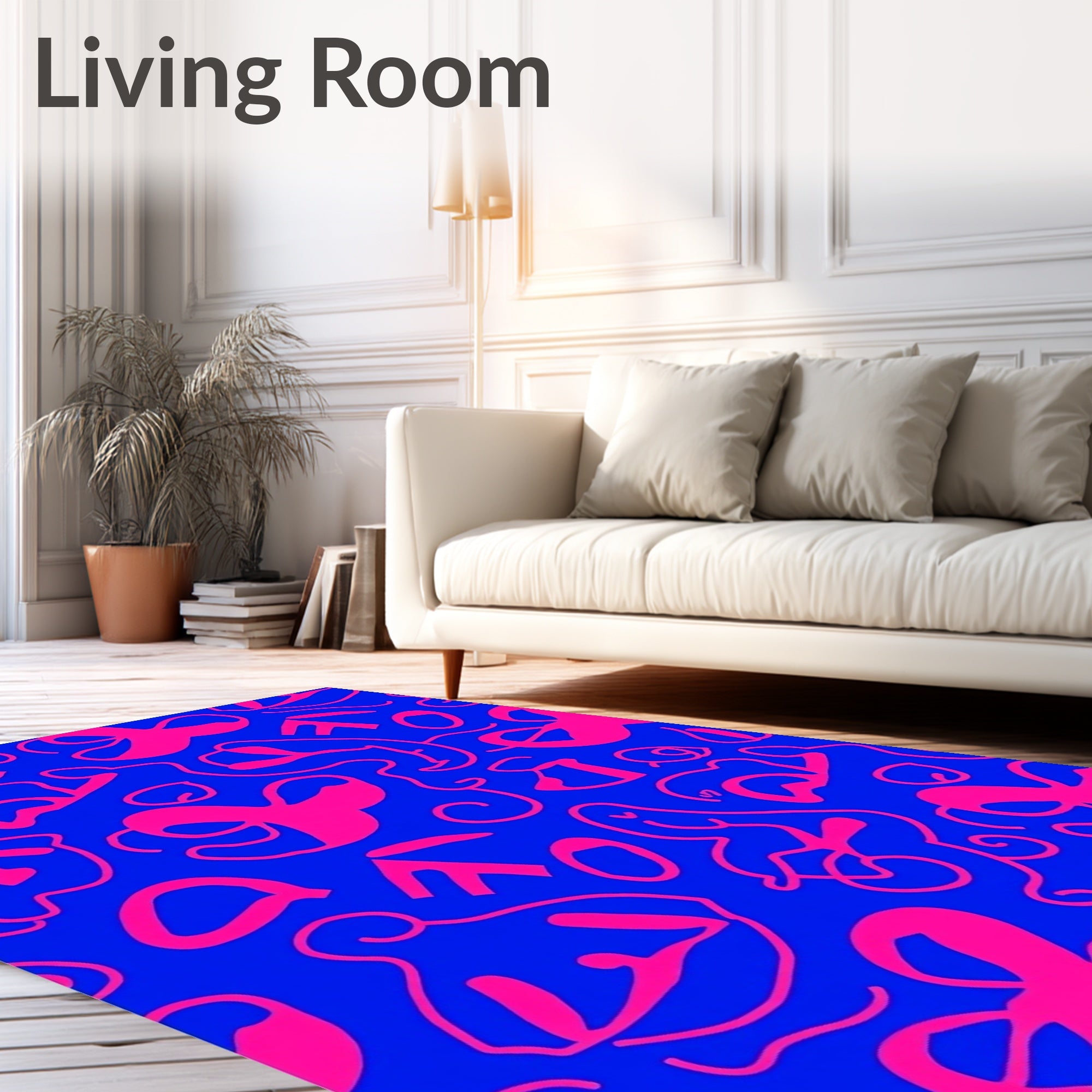 Vibrant Pink Figurine Abstract Blue Rug