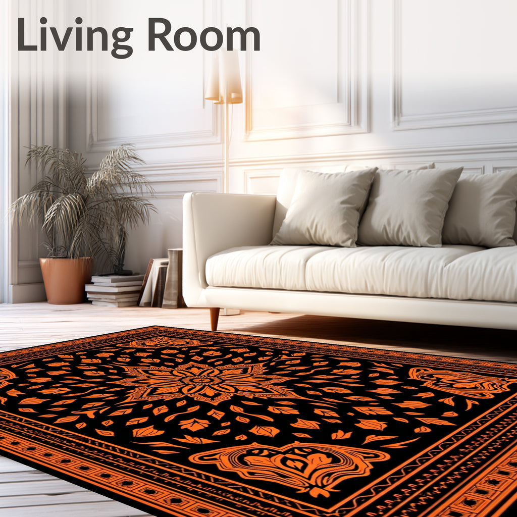 Bold Orange Floral Mandala Bordered Rug