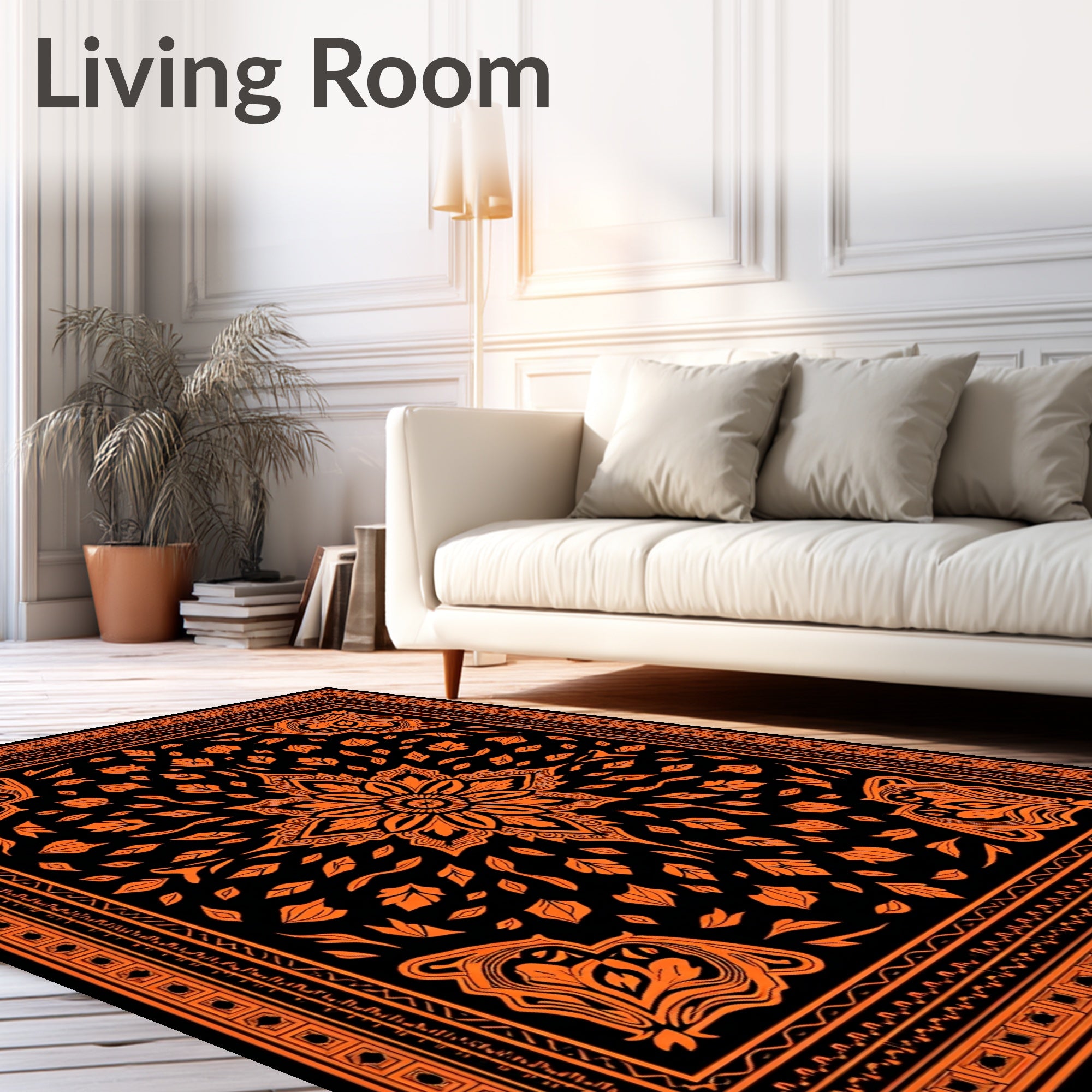 Bold Orange Floral Mandala Bordered Rug