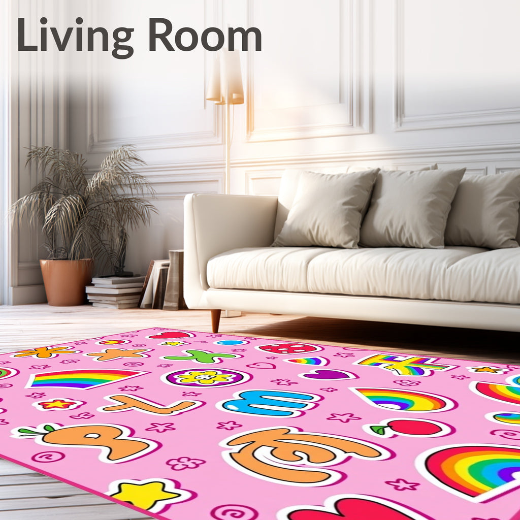 Whimsical Pink Rainbow Character Medley Rug