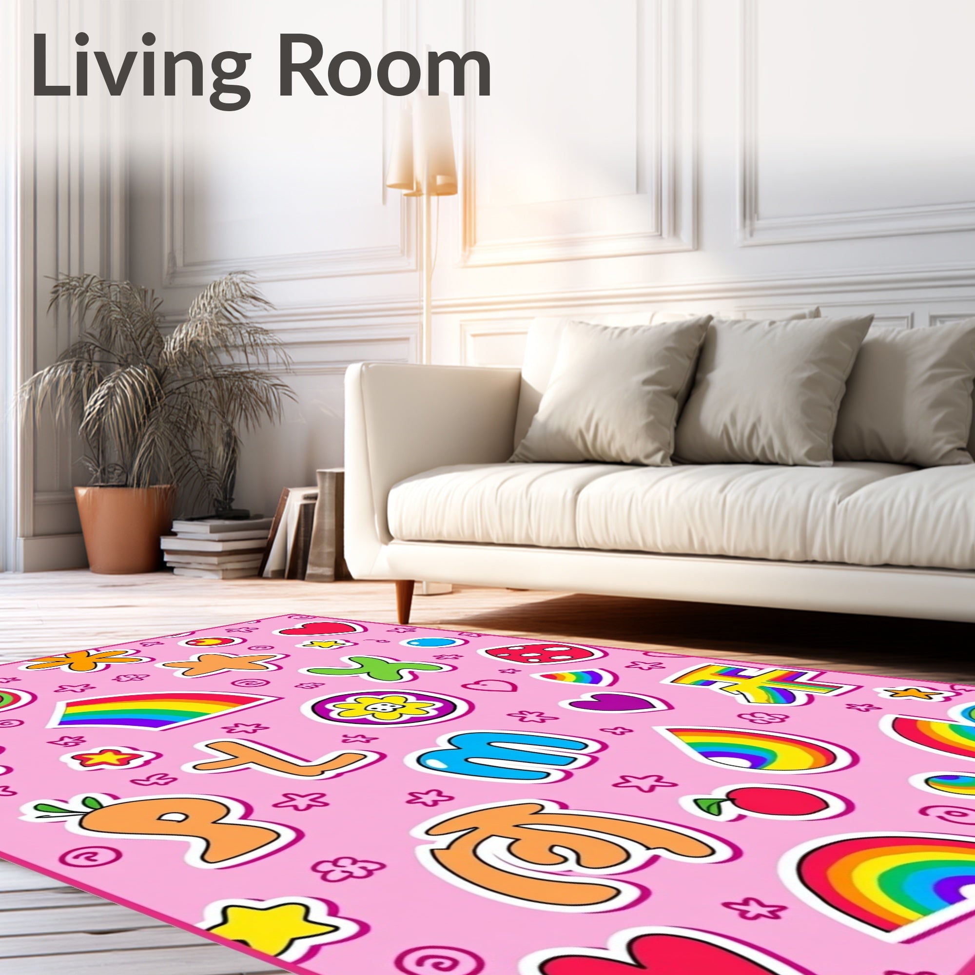 Whimsical Pink Rainbow Character Medley Rug