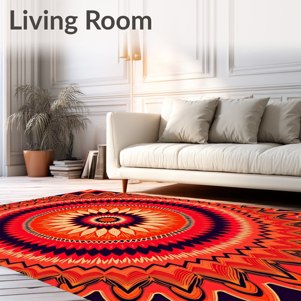 Vibrant Red Orange Mandala Sunburst Rug