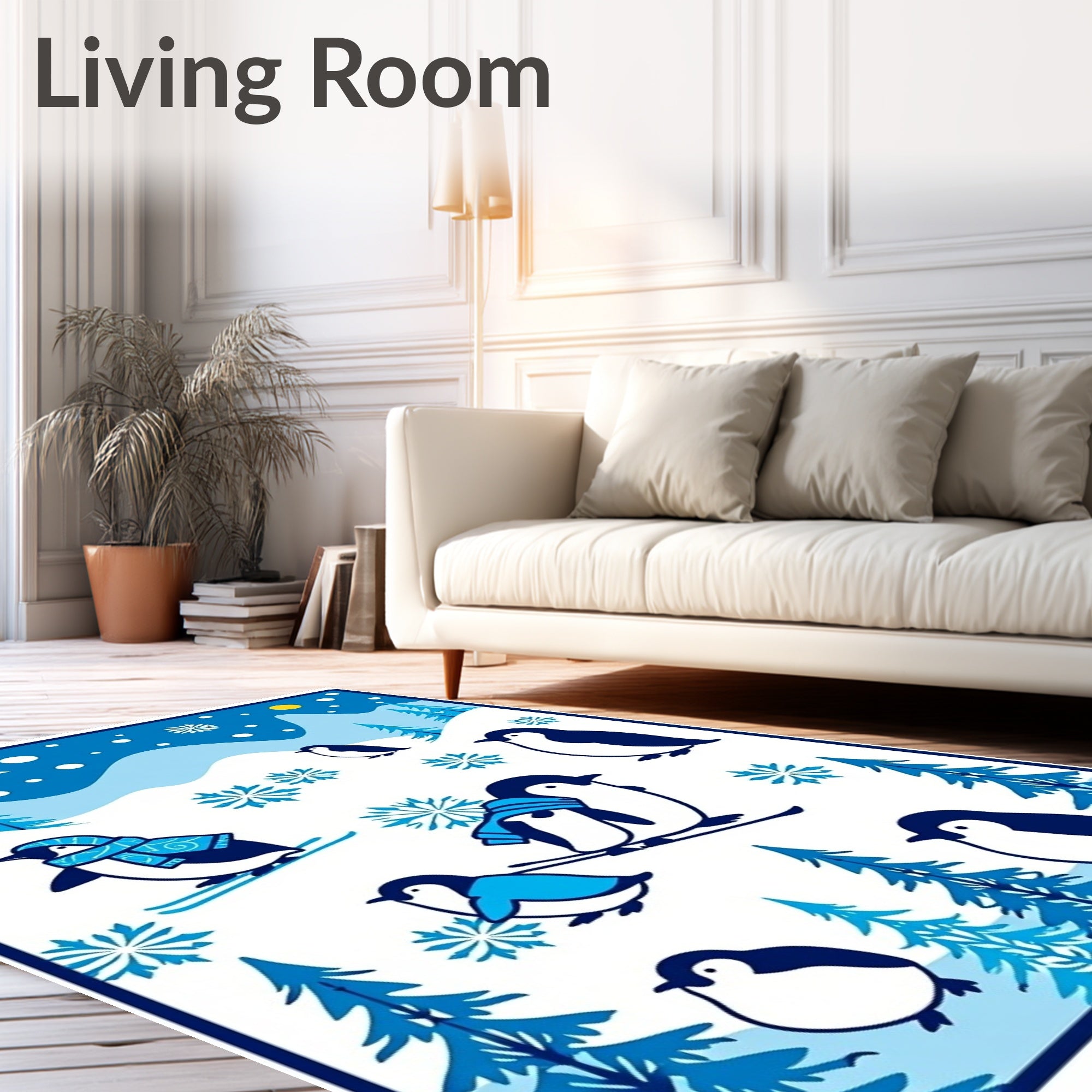 Winter Penguin Ski Scene Blue Accent Rug