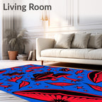 Red Fungi Stars Blue Background Rug