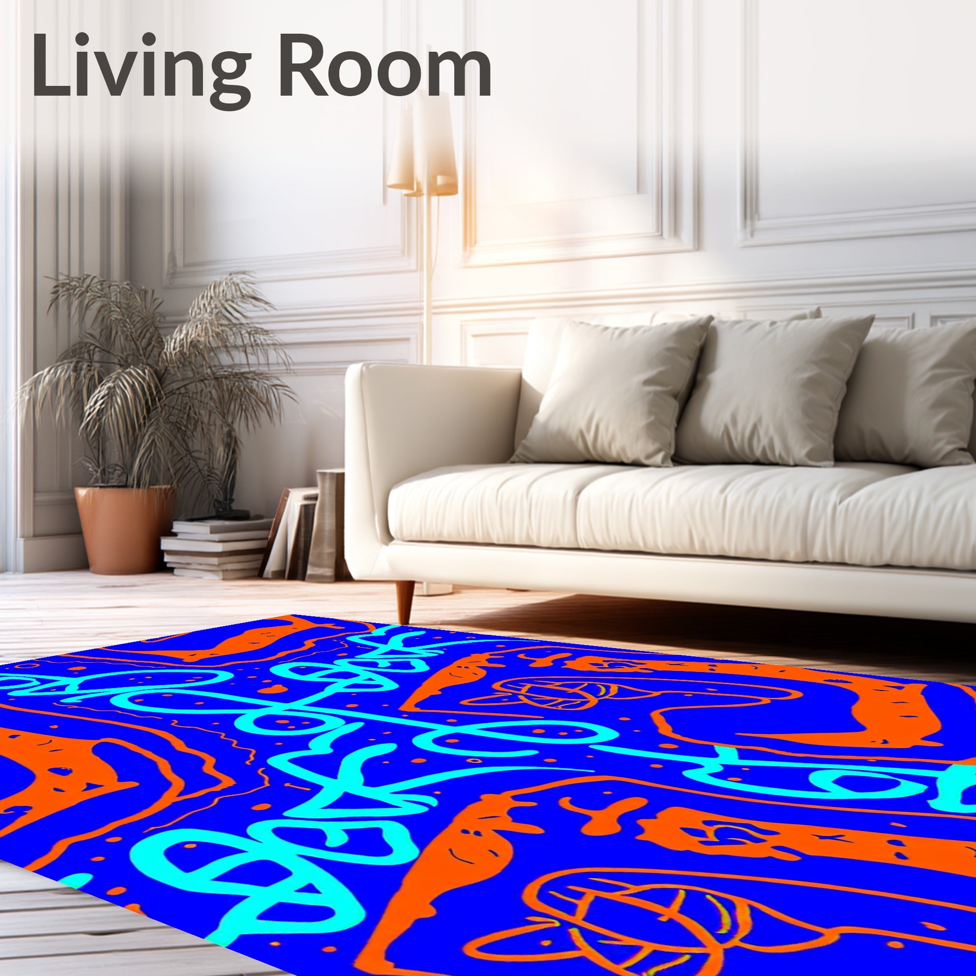 Bright Blue Orange Abstract Doodle Rug
