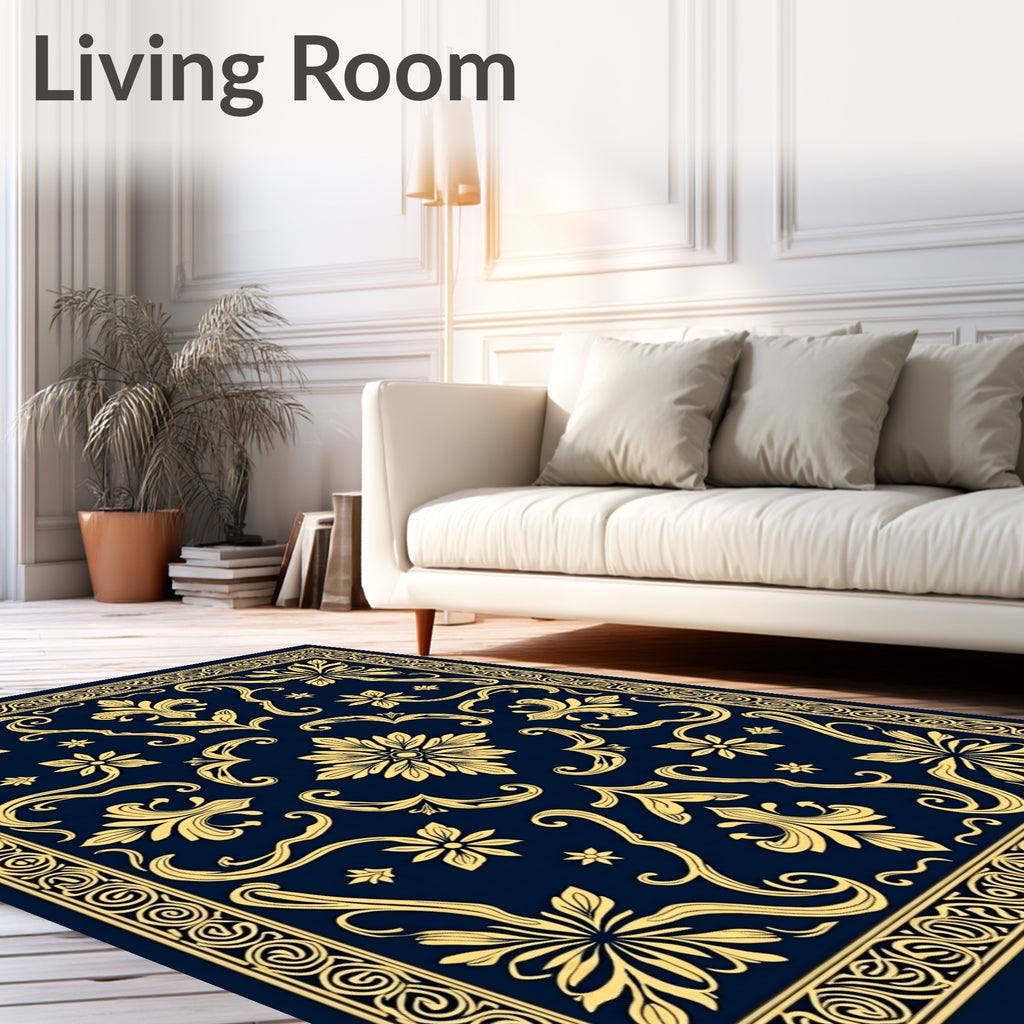 Golden Navy Floral Medallion Scroll Rug
