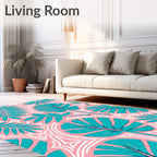 Teal Tropical Leaf Pink Background Abstract Rug