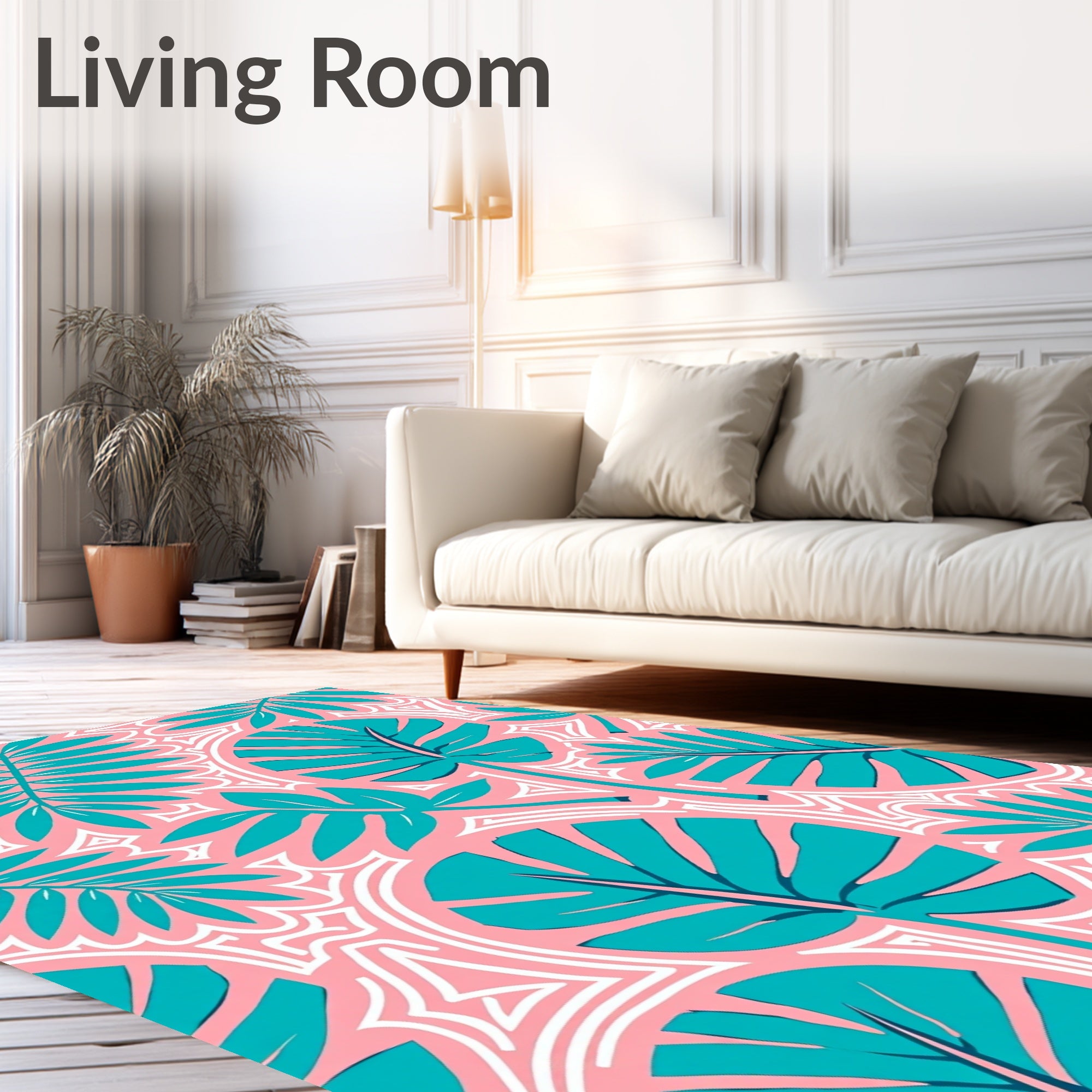 Teal Tropical Leaf Pink Background Abstract Rug