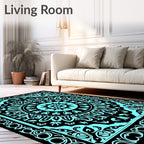 Aqua Black Intricate Medallion Border Rug