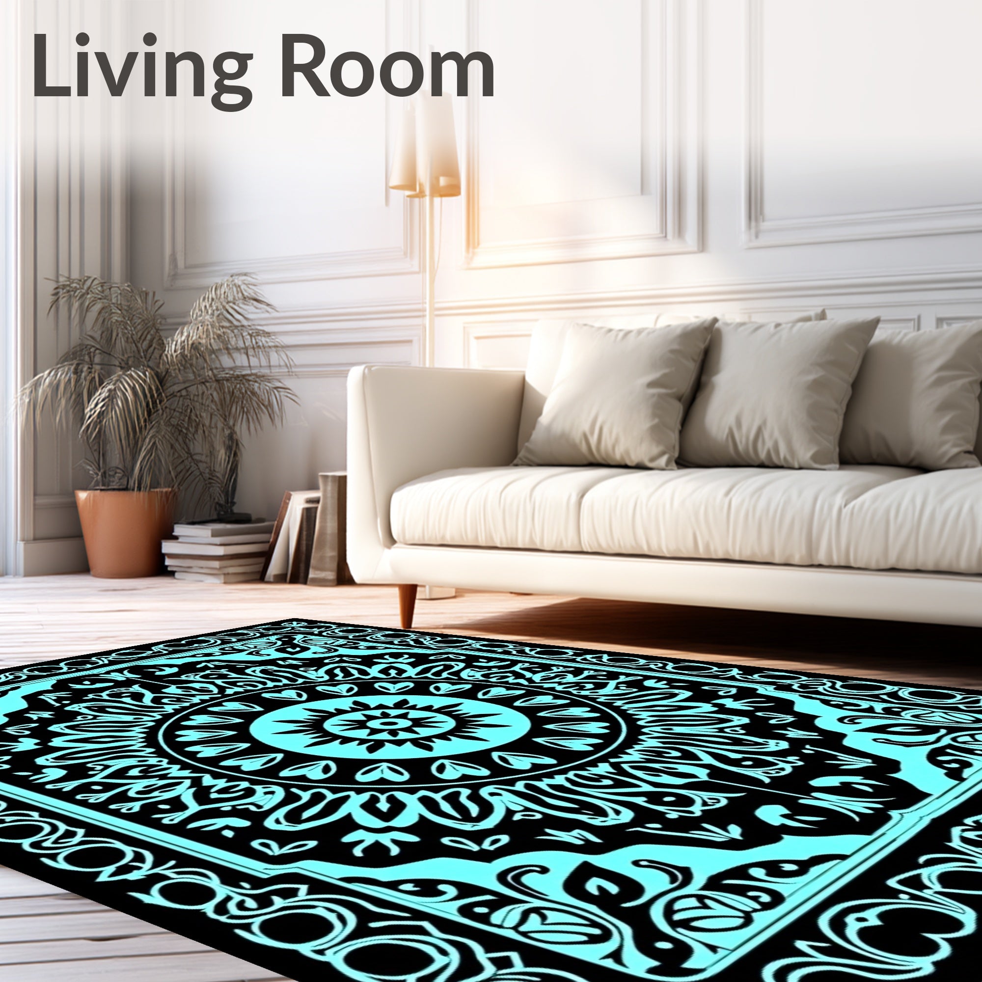 Aqua Black Intricate Medallion Border Rug