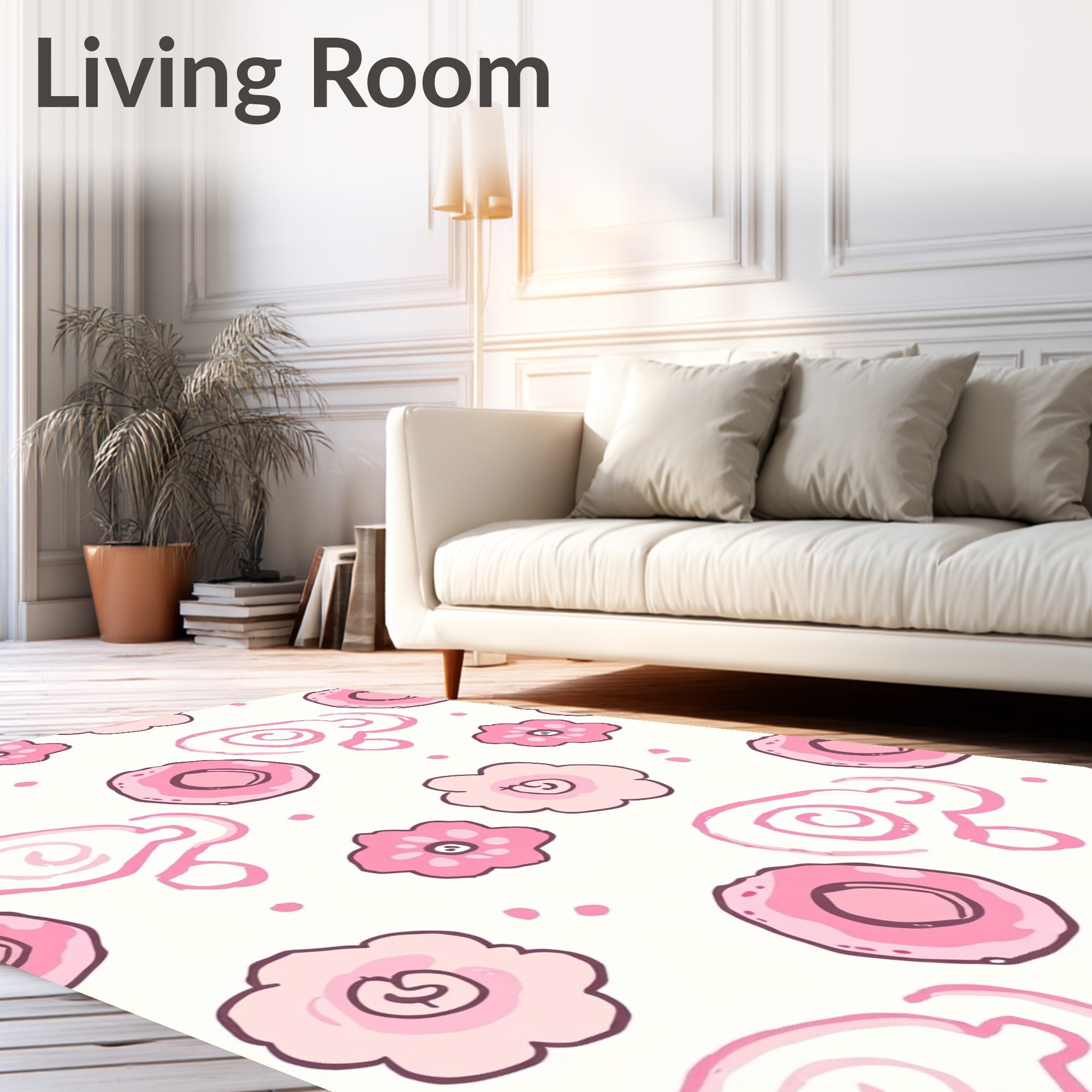 Pink Hand Drawn Floral Swirls Rug