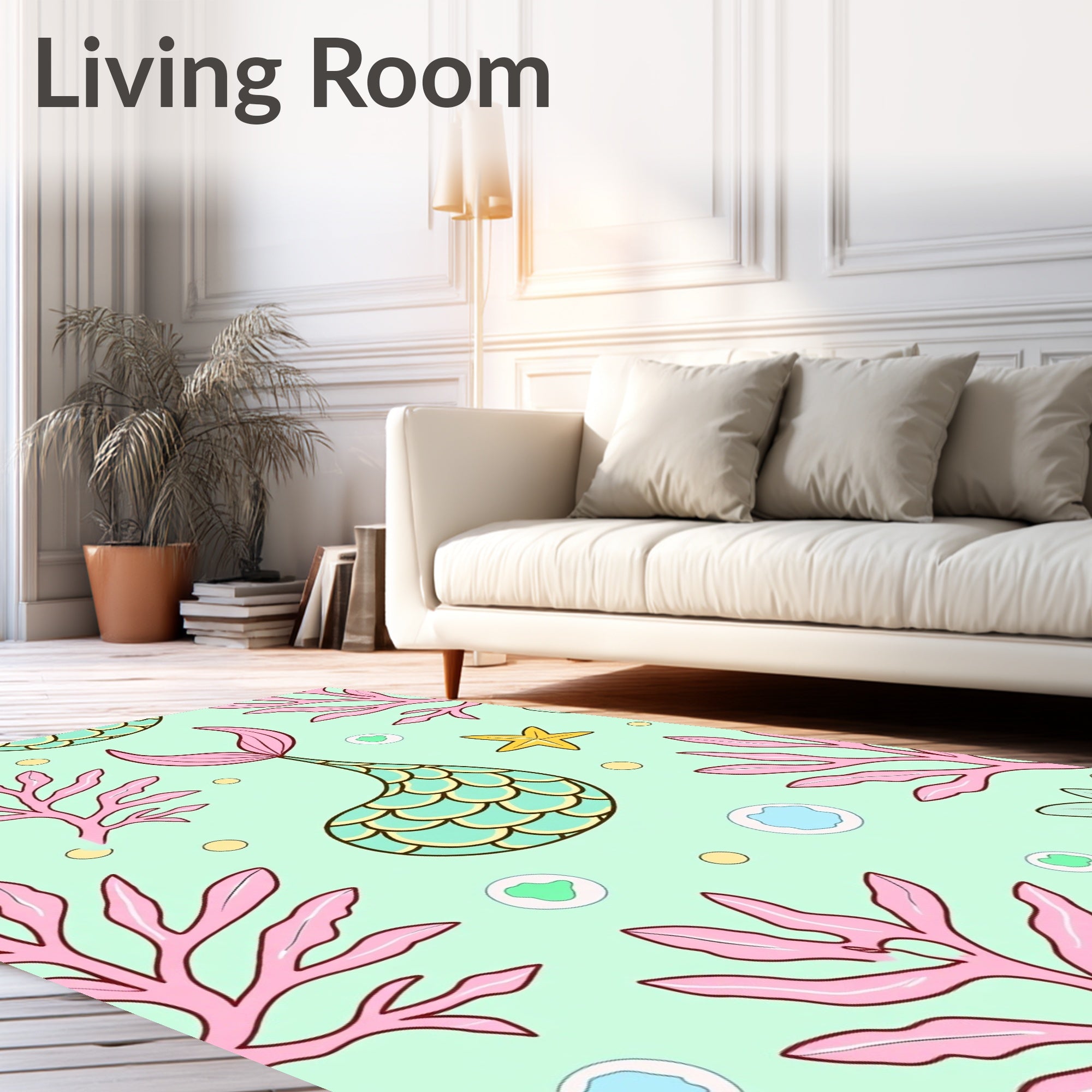 Aqua Teal Mermaid Tail Coral Stars Rug