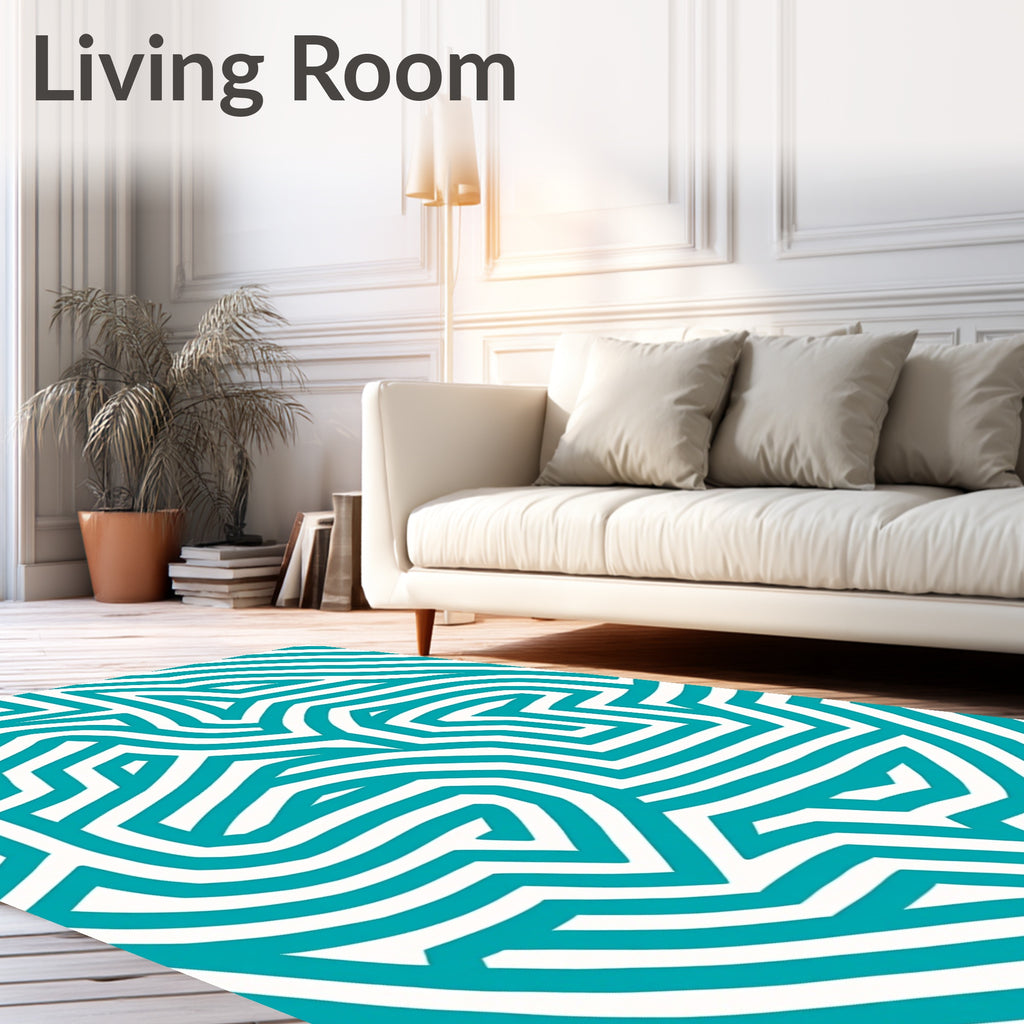 Teal White Interlocking Geometric Maze Rug