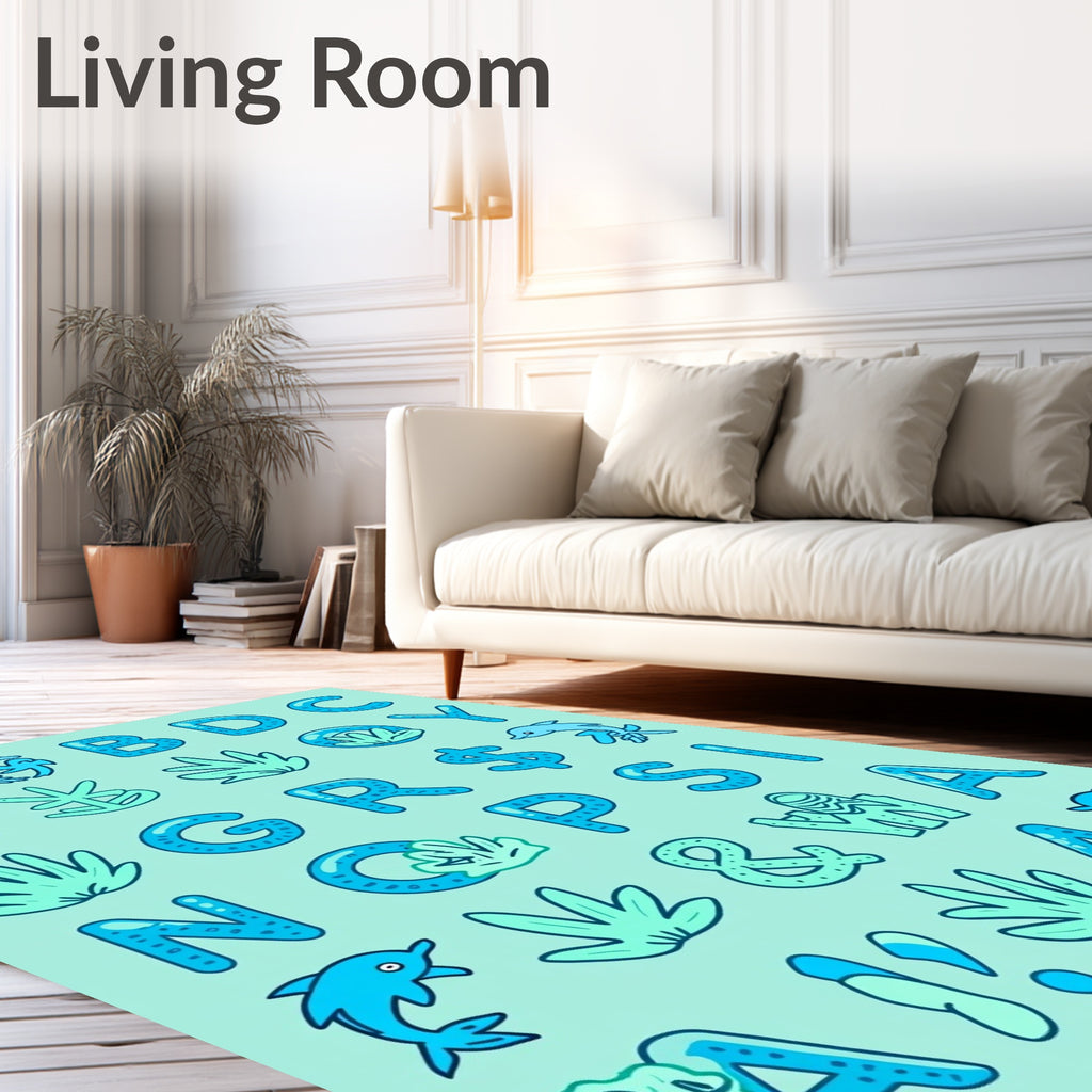 Oceanic alphabet with dolphins and coral Rug