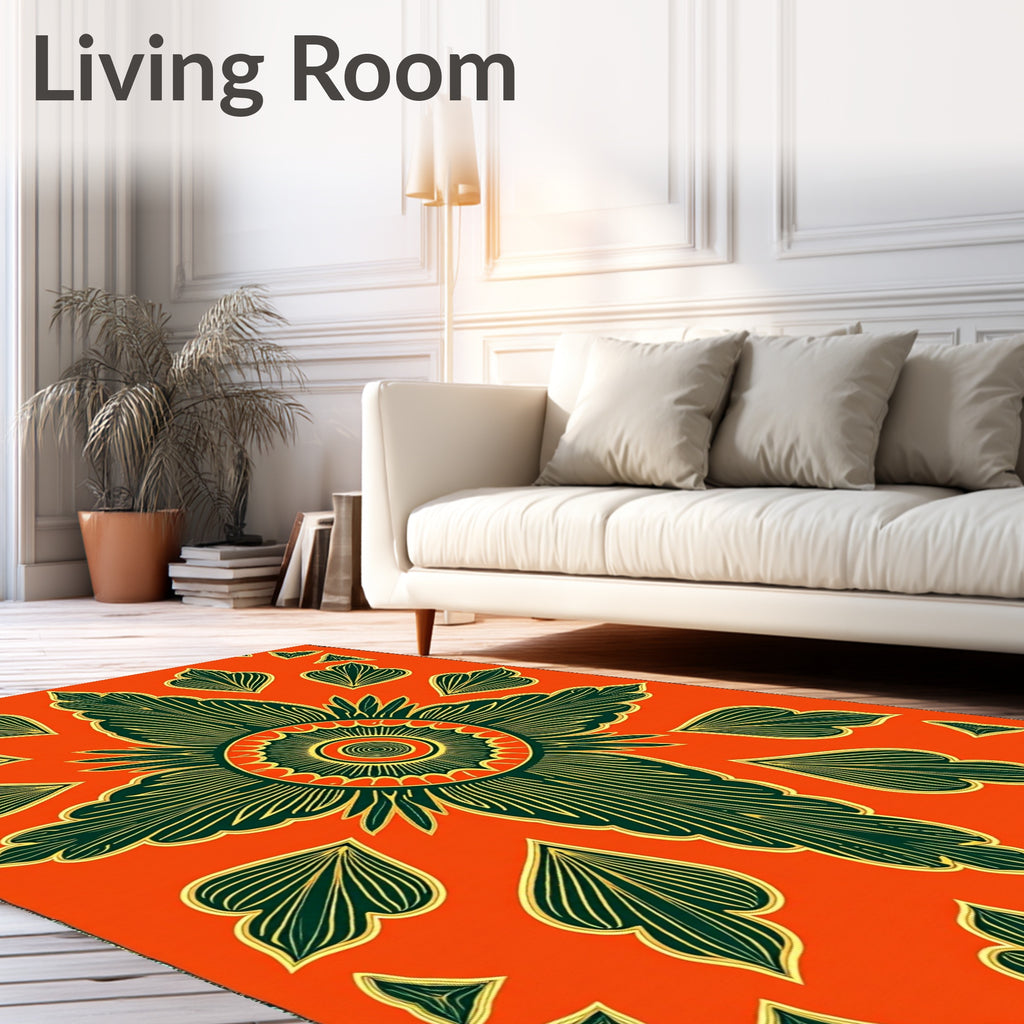 Orange Tropical Leaf Sunburst Medallion Rug