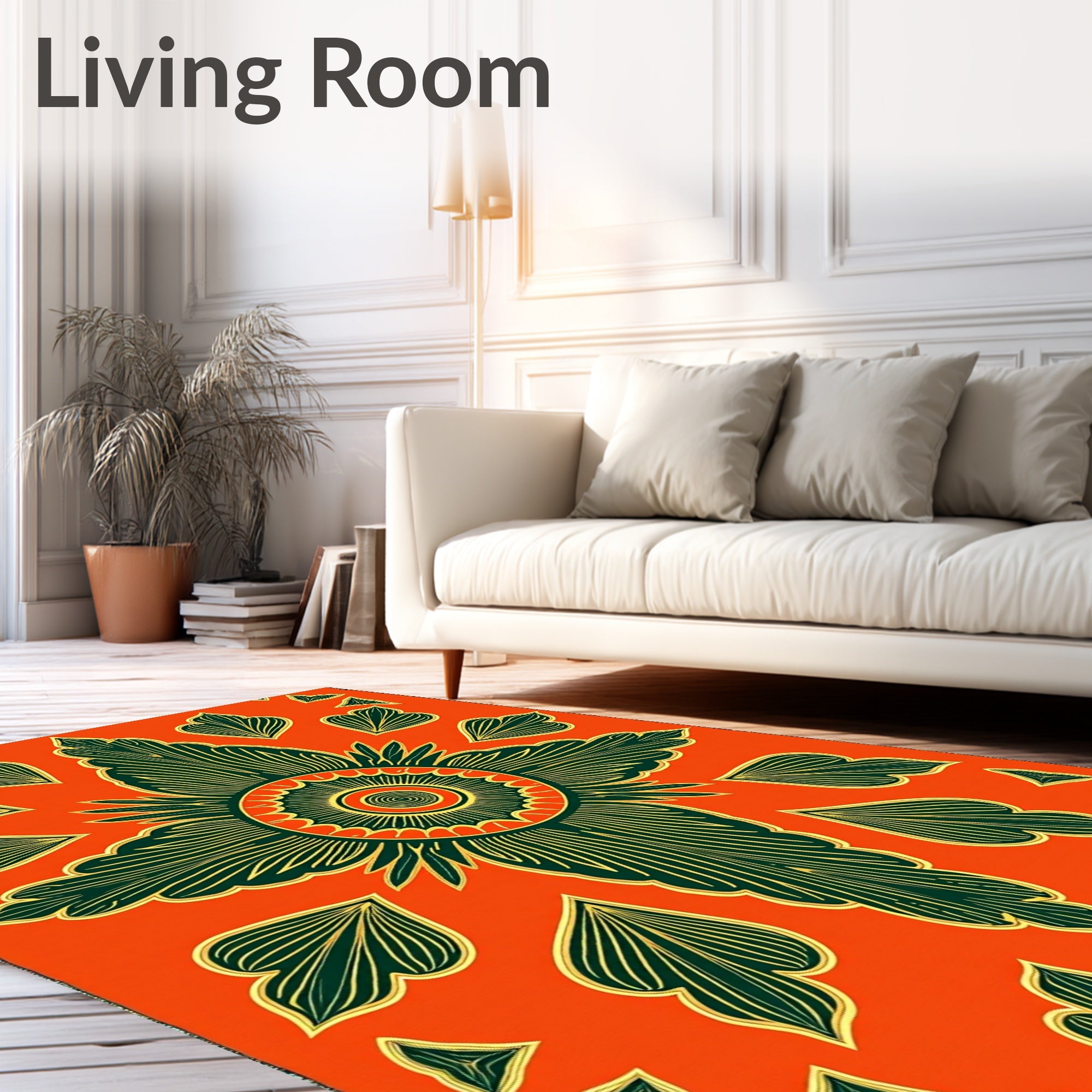 Orange Tropical Leaf Sunburst Medallion Rug