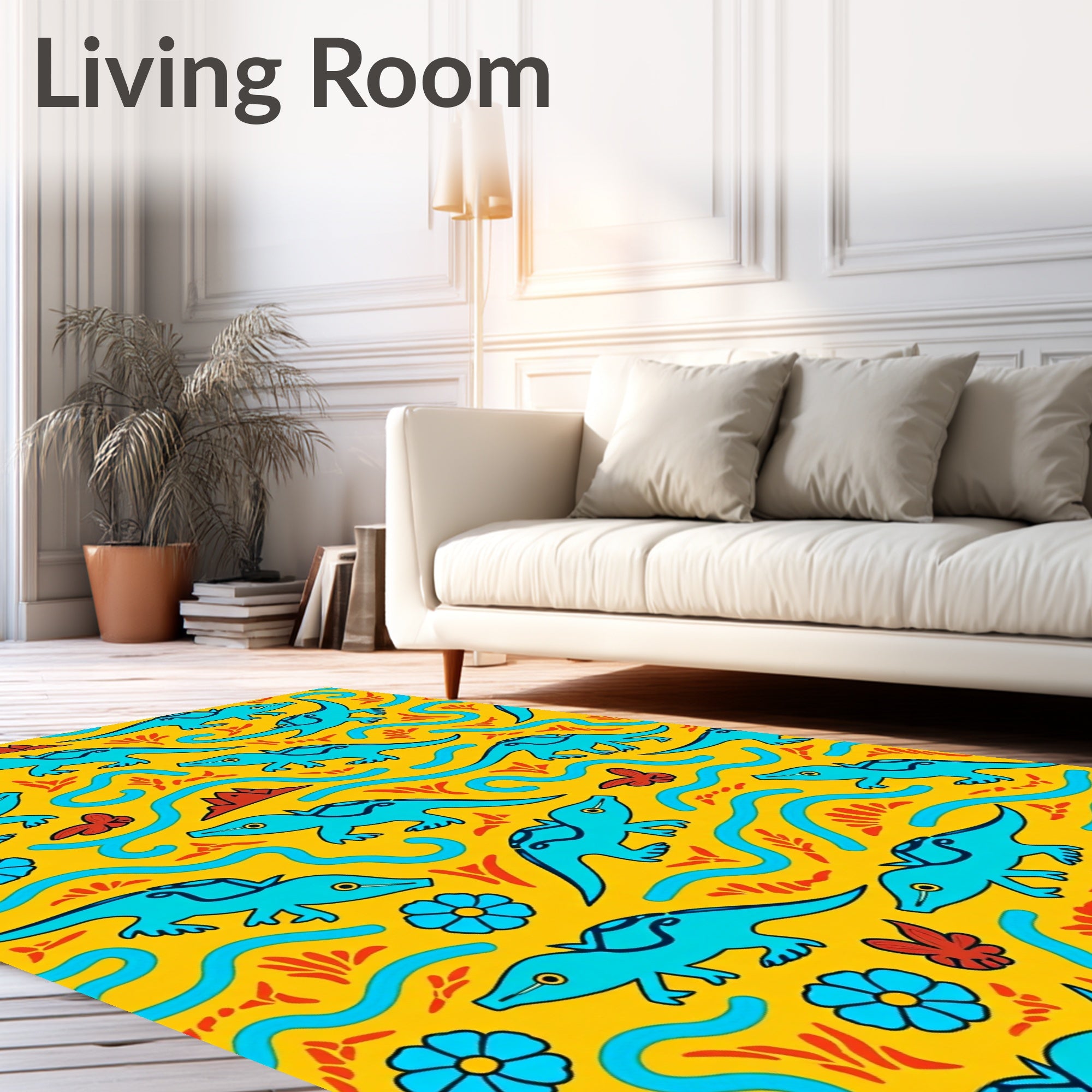 Whimsical Turquoise Dinosaurs Yellow Garden Rug