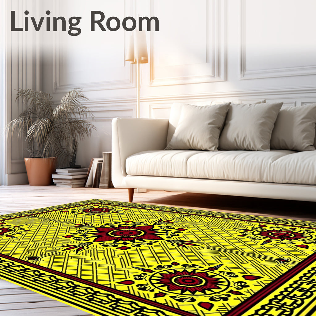 Bold Red Sunburst Yellow Geometric Rug