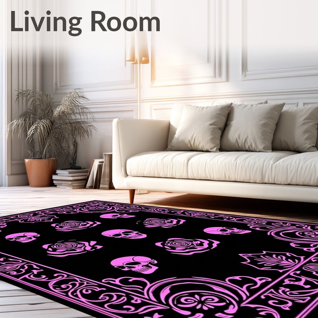 Pink Skull Rose Scrollwork Rug