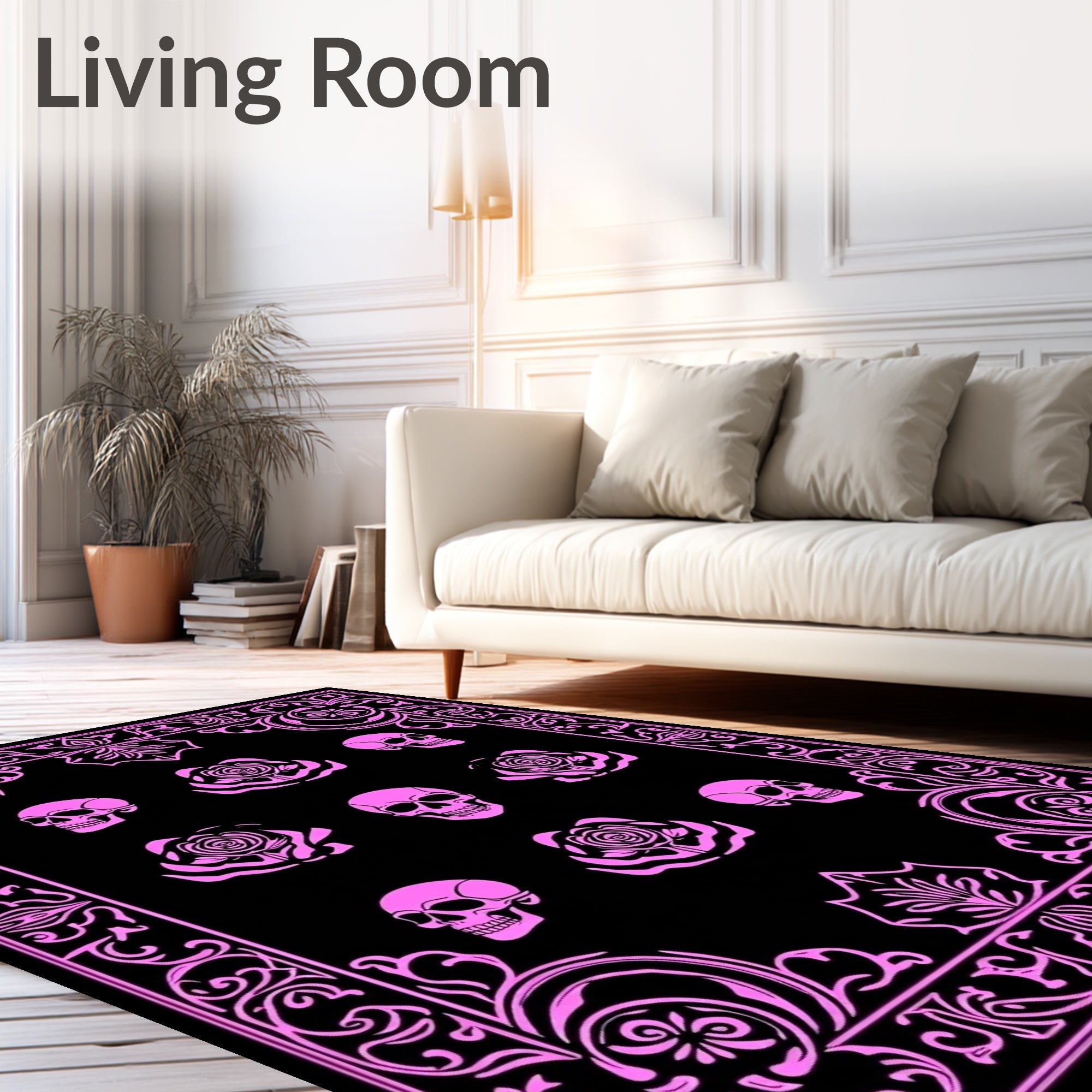 Pink Skull Rose Scrollwork Rug