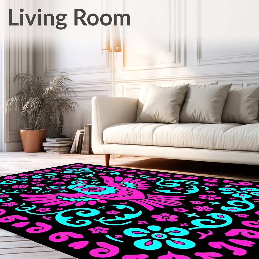 Vibrant Pink Teal Bird Floral Scroller Rug