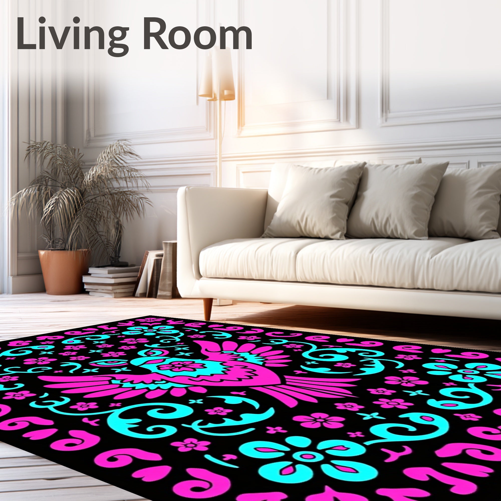 Vibrant Pink Teal Bird Floral Scroller Rug