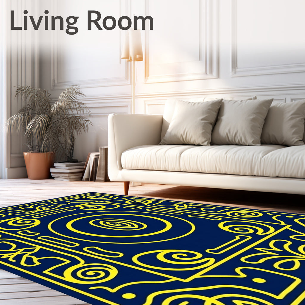 Blue Yellow Ornate Oval Medallion Rug