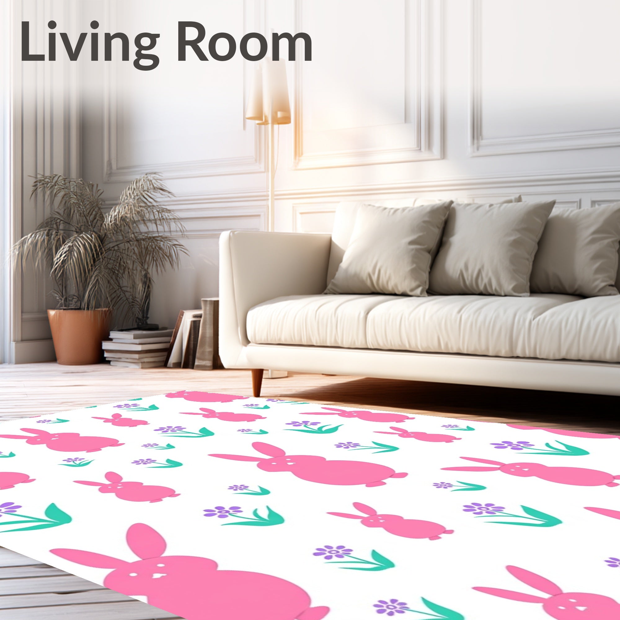 Pink Bunny Floral Spring Meadow Rug
