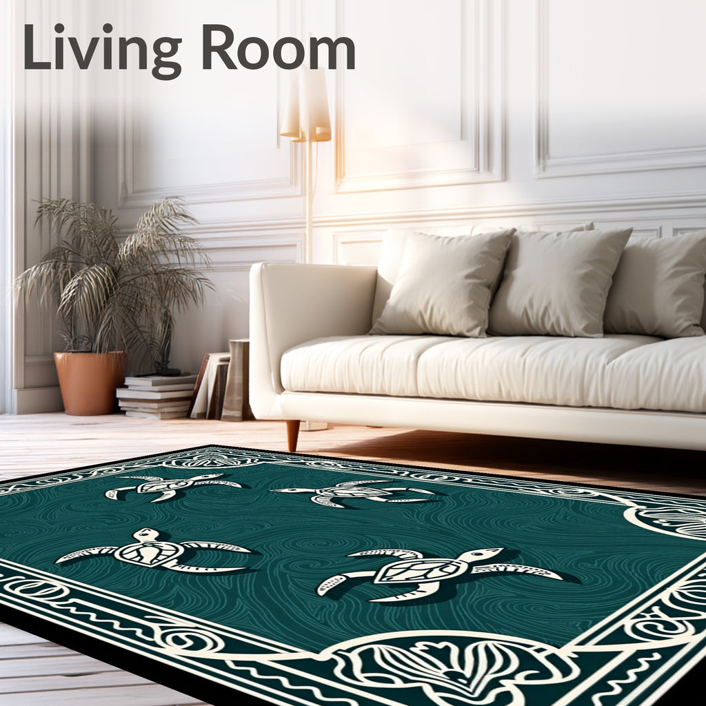 Oceanic Teal Turtle Swirl Border Rug