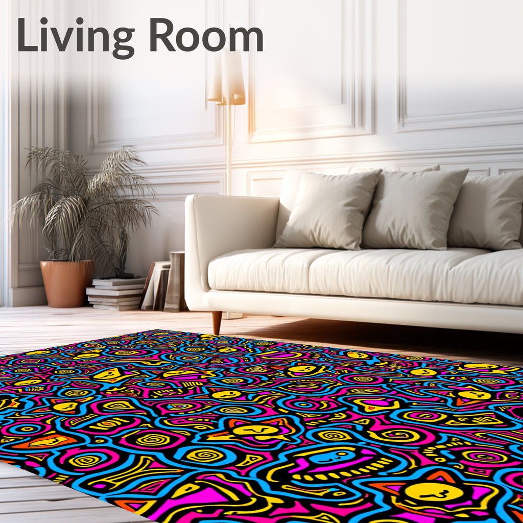Vibrant Pink Yellow Blue Whimsical Faces Rug