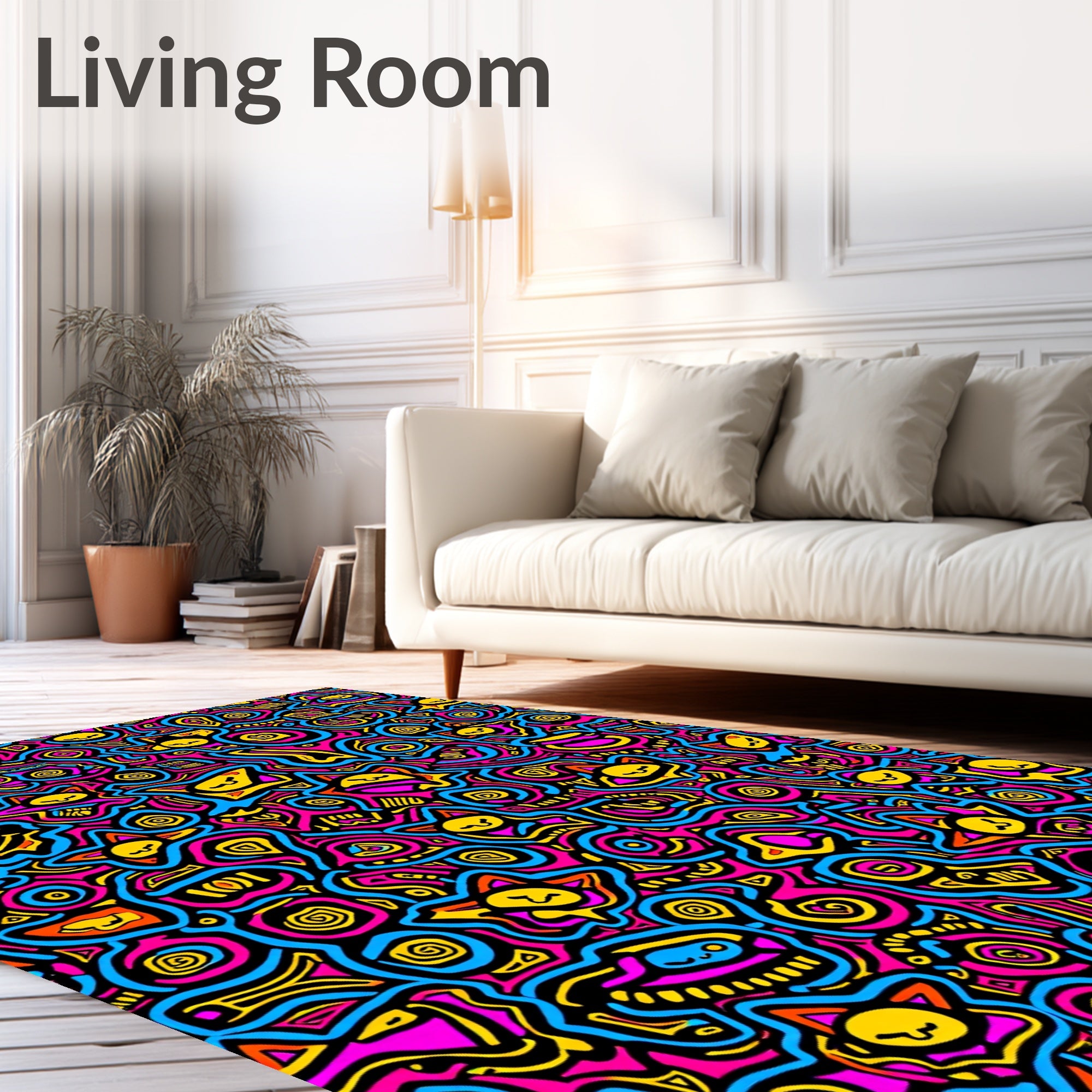 Vibrant Pink Yellow Blue Whimsical Faces Rug