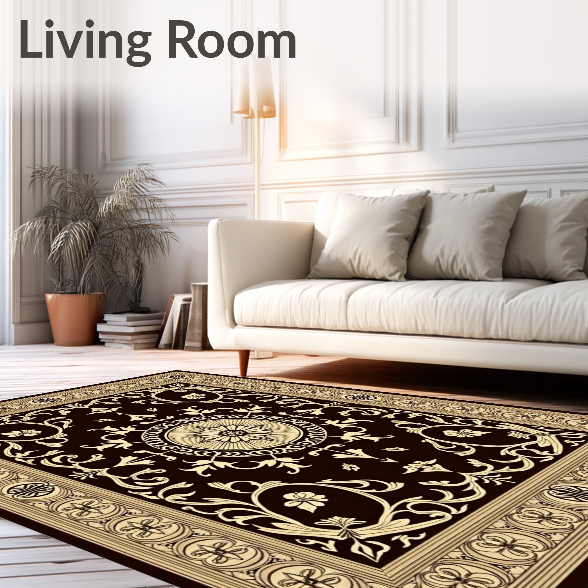 Rich Brown Cream Floral Medallion Border Rug