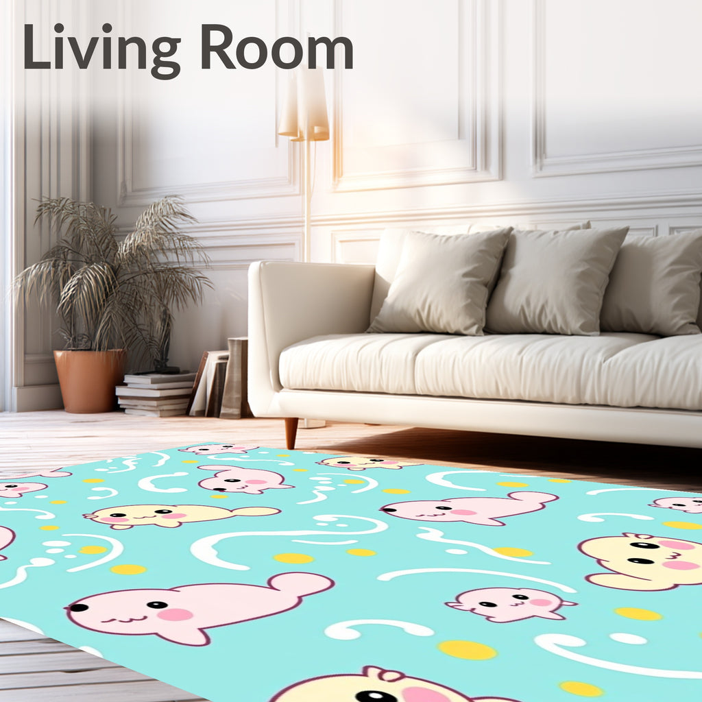 Cute Pink and Yellow Seals Water Pattern Rug