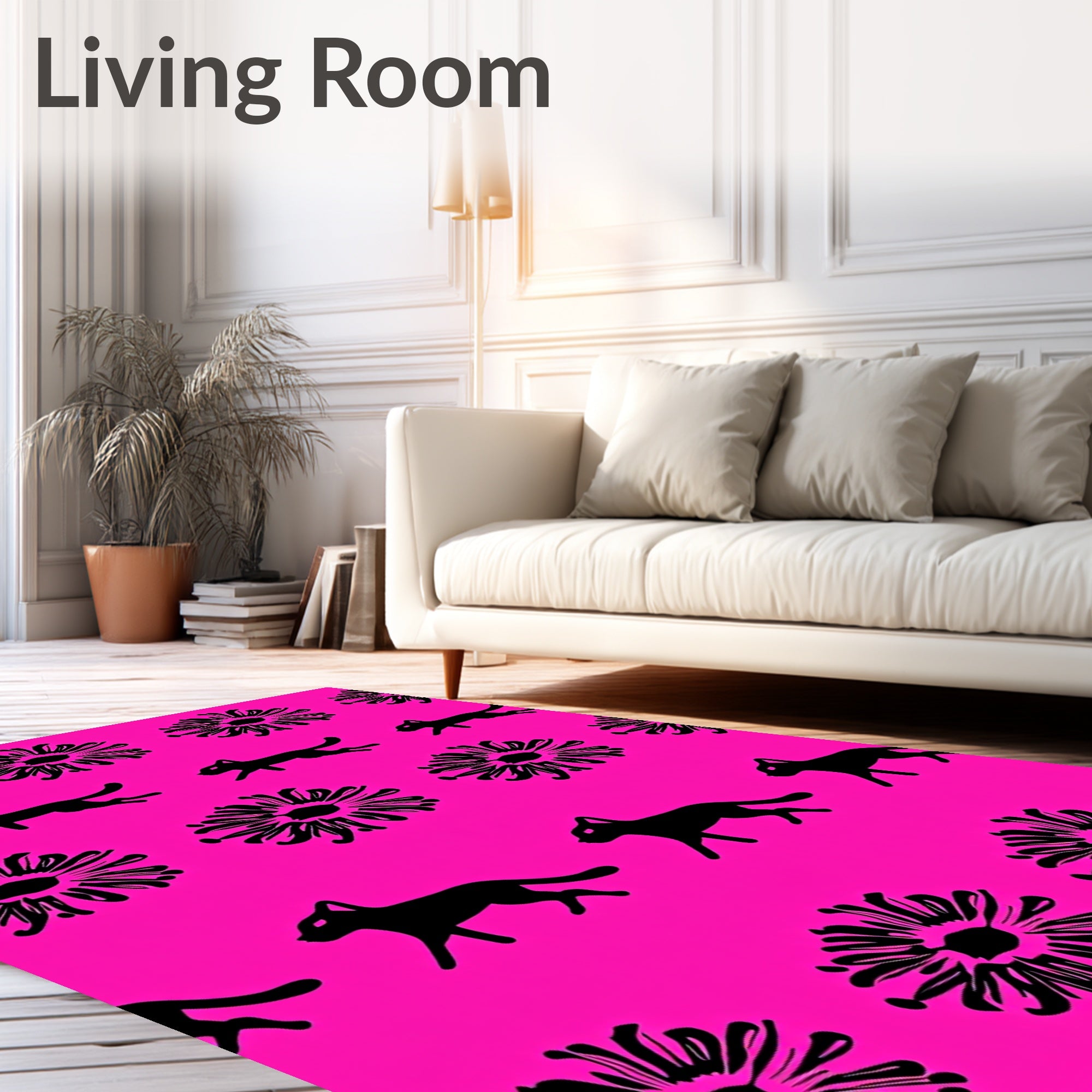 Bright Pink Black Cat Floral Repeats Rug