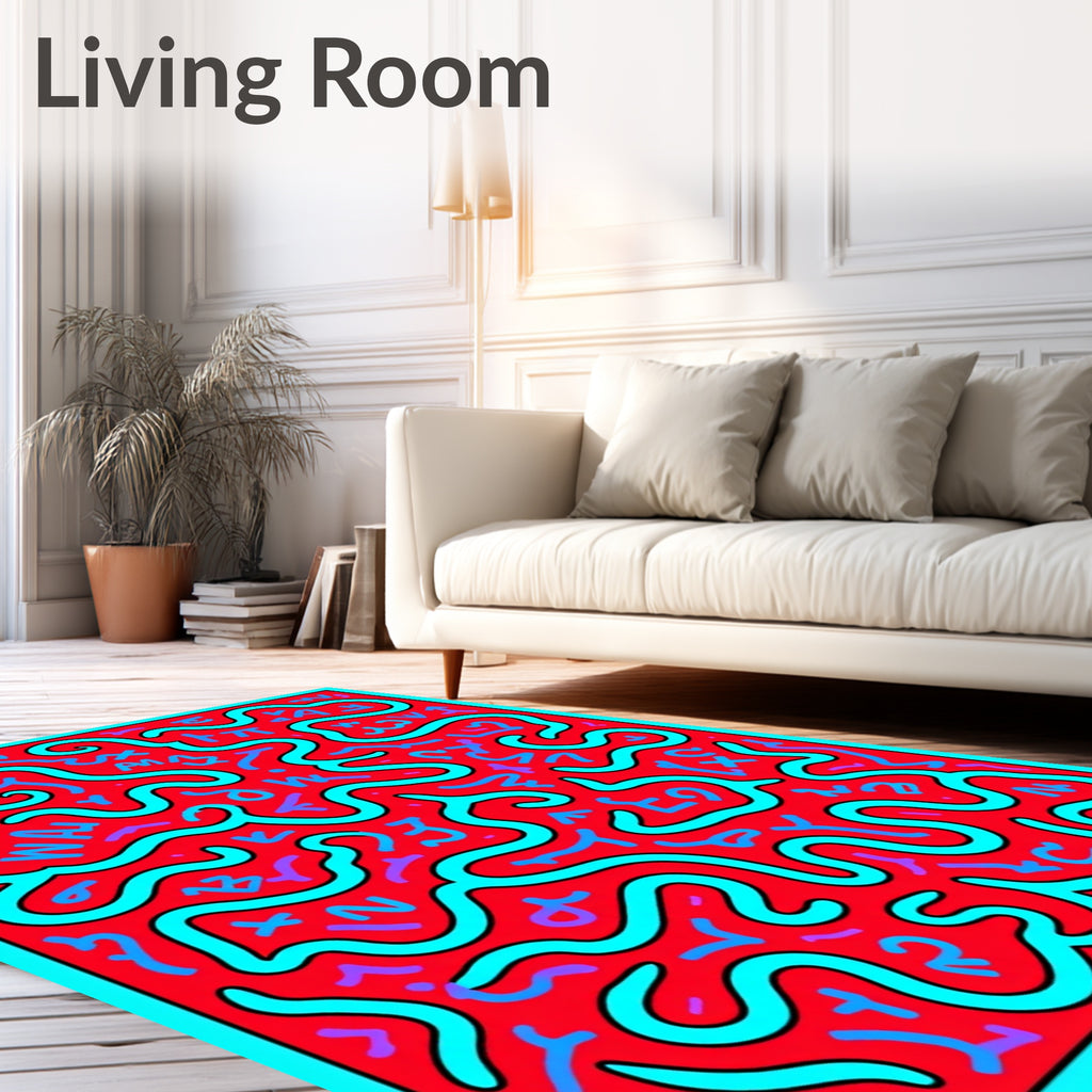 Red Teal Abstract Scribble Maze Rug