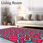 Red Teal Abstract Scribble Maze Rug