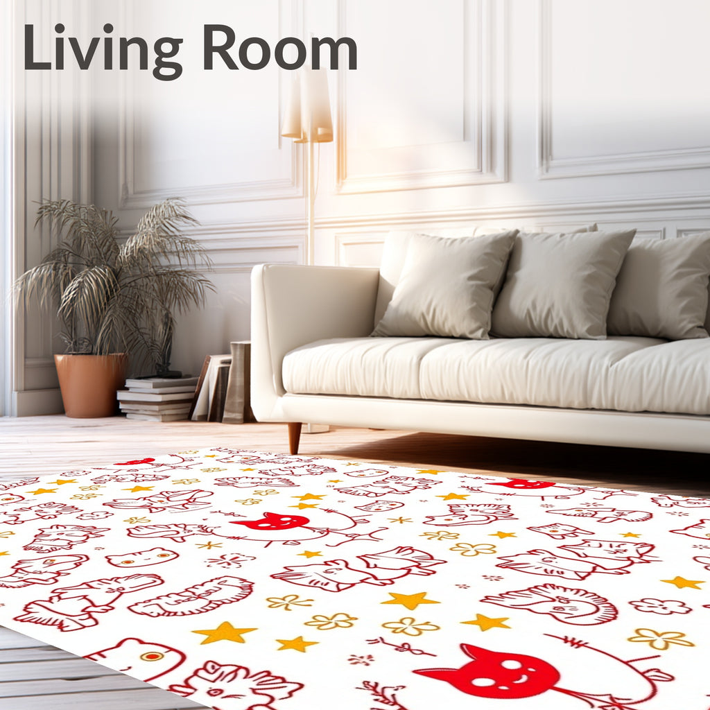 Whimsical Red Cat And Star Collage Rug