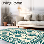 Deep Teal Floral Medallion Cream Rug