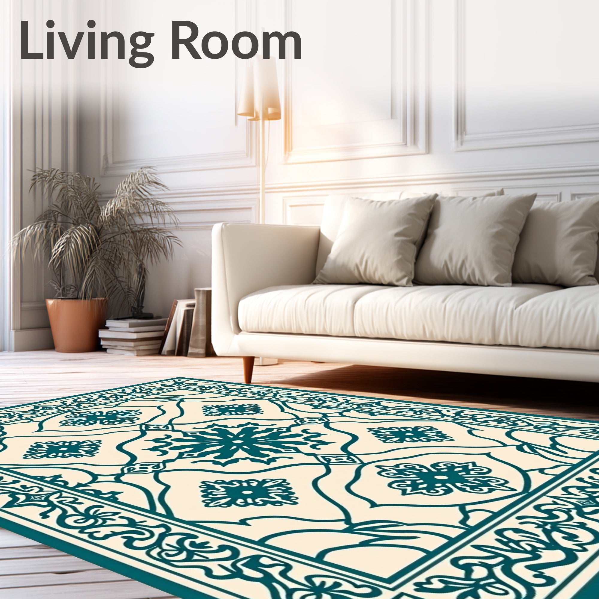 Deep Teal Floral Medallion Cream Rug