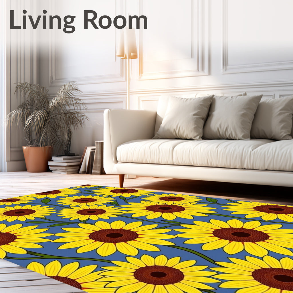 Golden Yellow Sunflowers Blue Field Rug