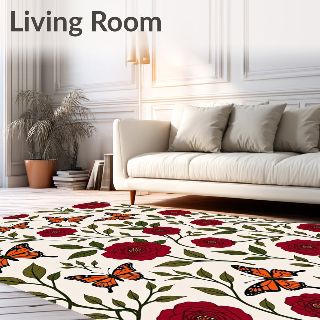 Red Rose Butterfly Garden Whimsical Rug