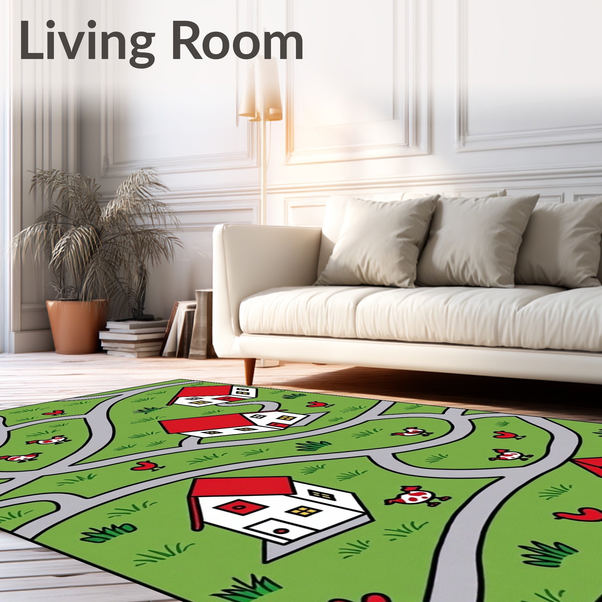 Whimsical Village Houses and Chickens Rug