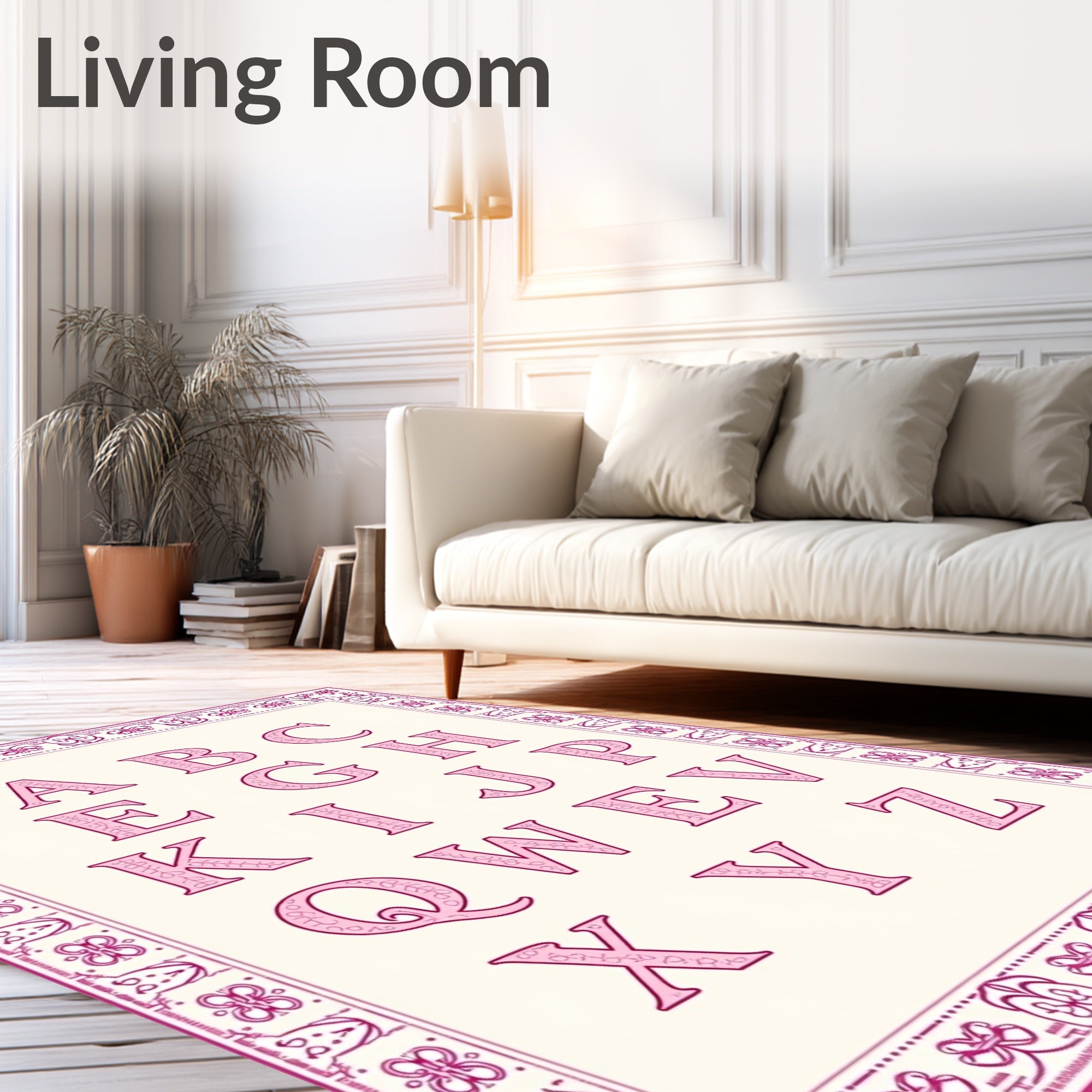 Pink Floral Alphabet Border Artwork Rug
