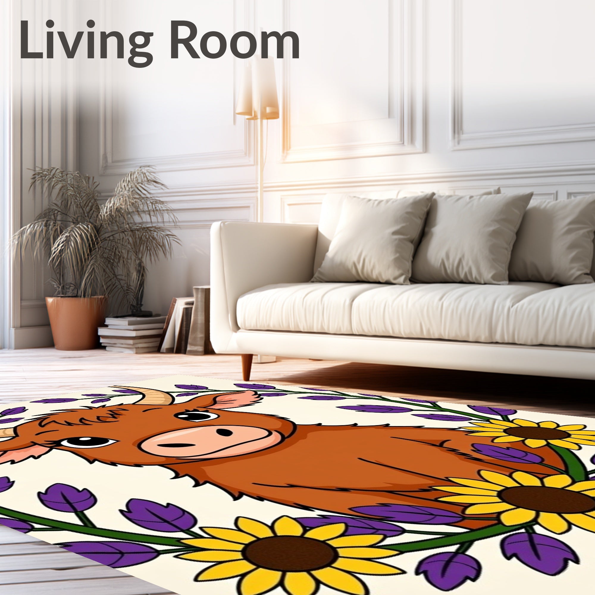 Cute Highland Cow With Sunflowers Rug