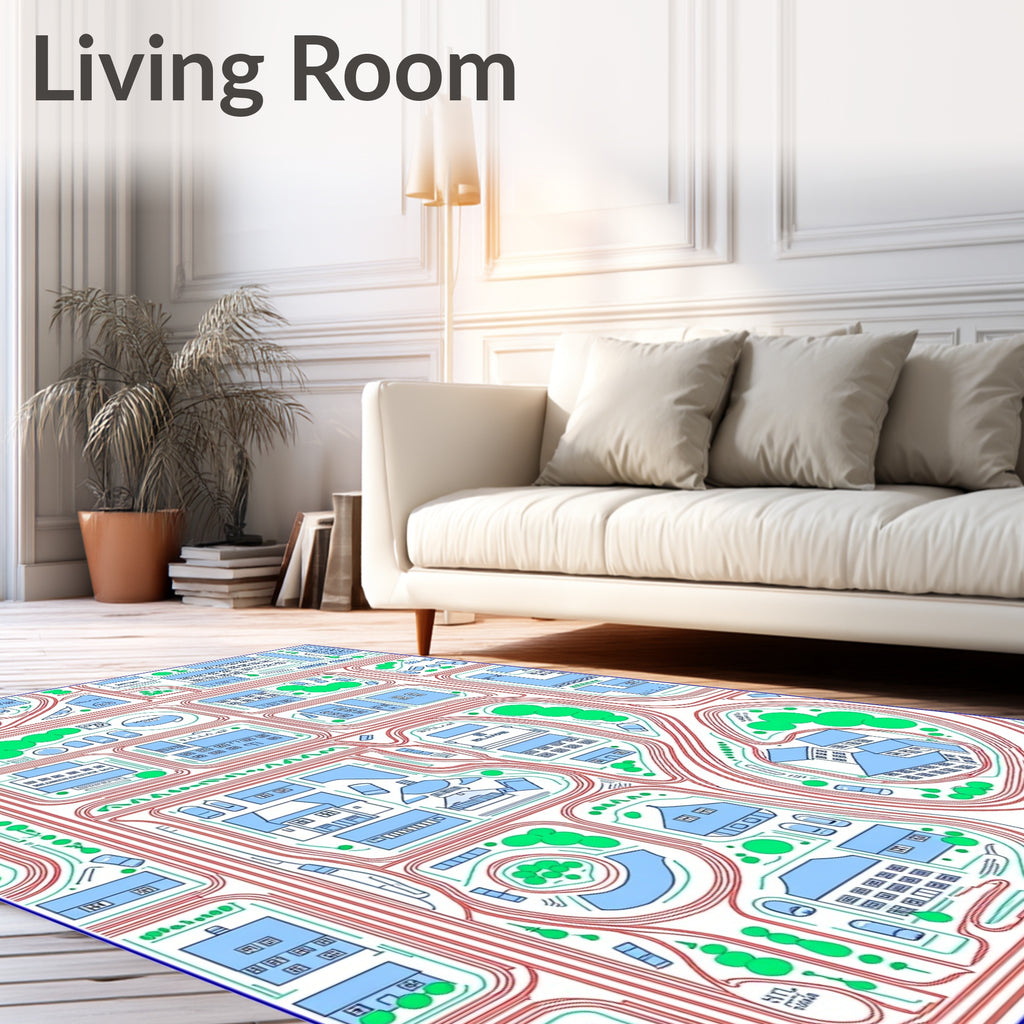Blue Cityscape Buildings Red Roads Rug