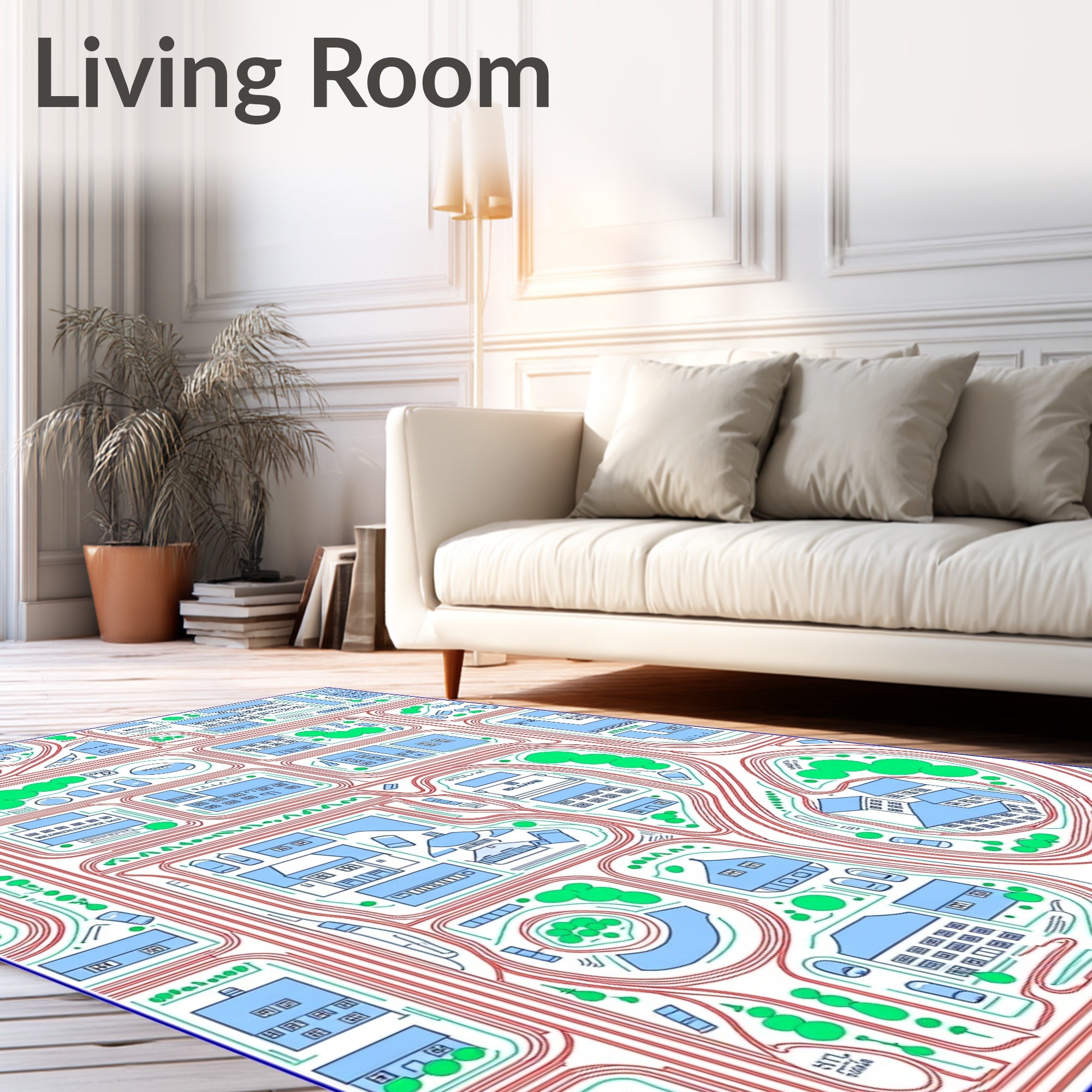 Blue Cityscape Buildings Red Roads Rug