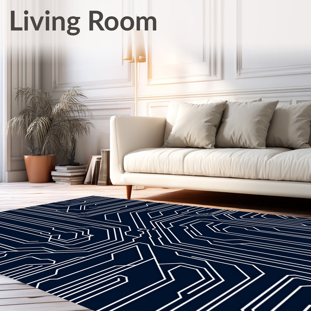 Deep Blue Circuit Board Lines Rug