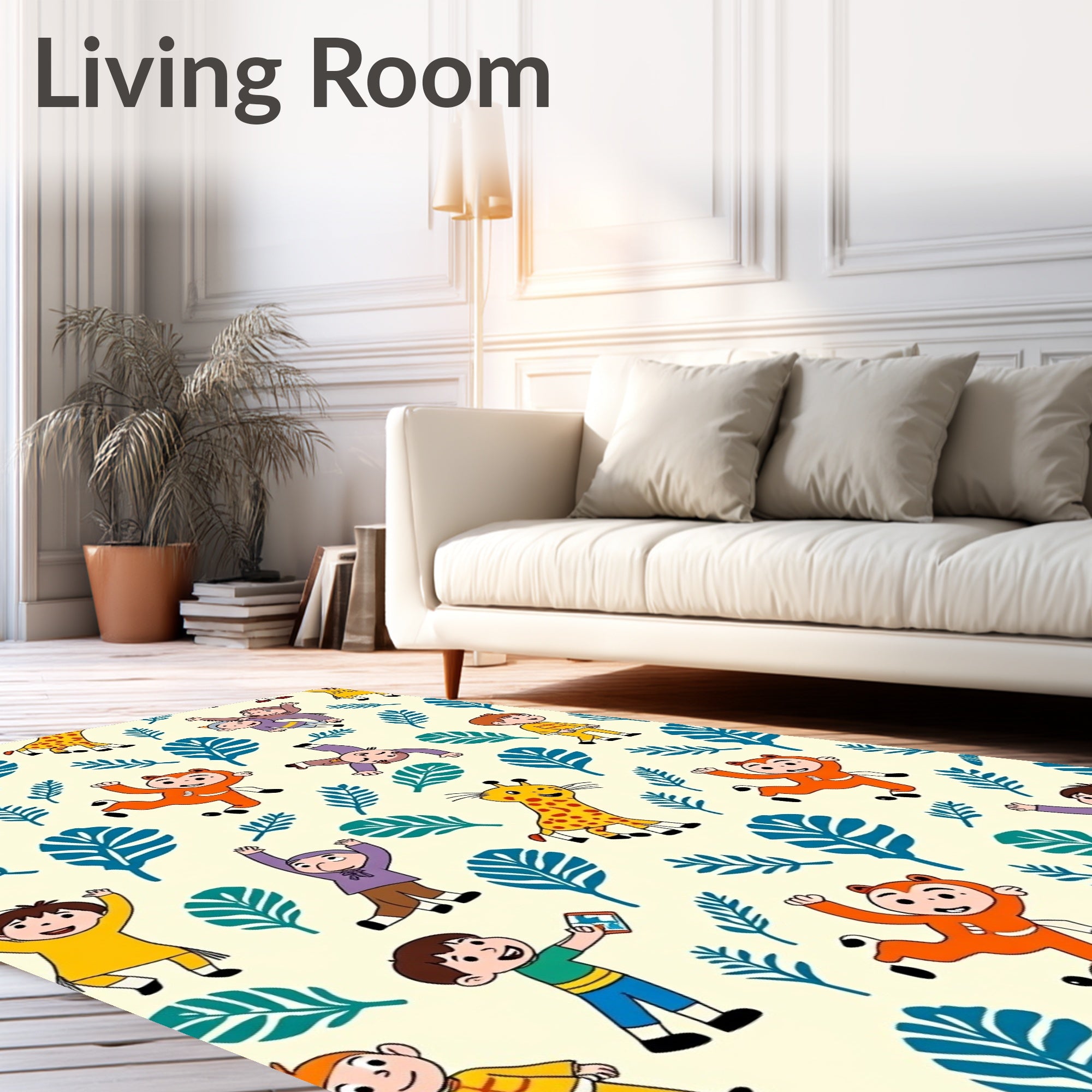 Whimsical Children and Giraffe Jungle Rug