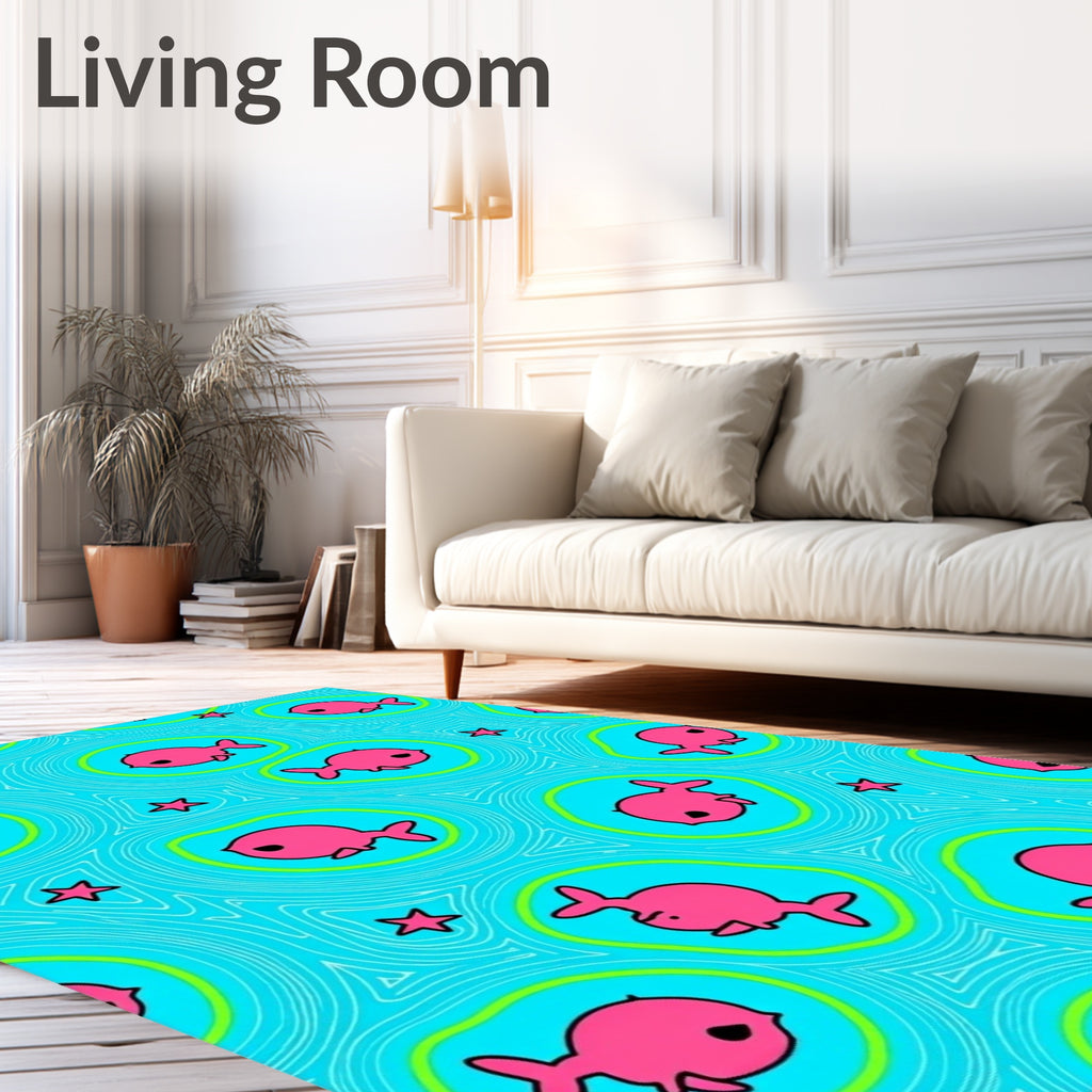 Pink Kawaii Fish Green Circles Cyan Abstract Rug